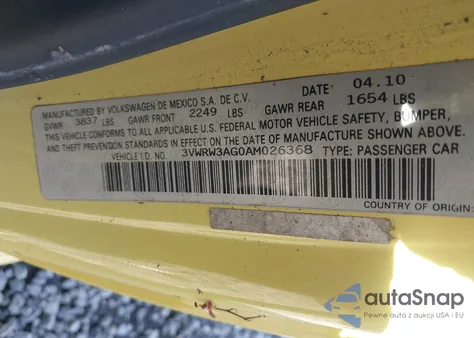 2010 Volkswagen New Beetle 2.5L z USA, uszkodzony, nr VIN 3VWRW3AGOAMO26368